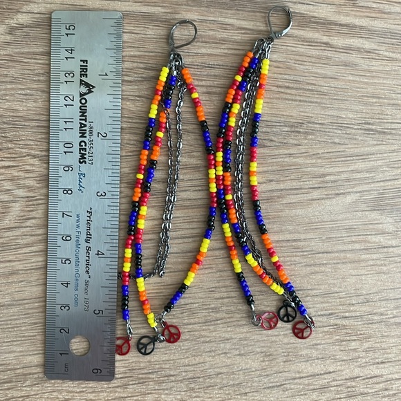 HAND CRAFTED SHOULDER DUSTER EARRINGS Black Blue Red Orange Yellow Peace Signs - Picture 3 of 14